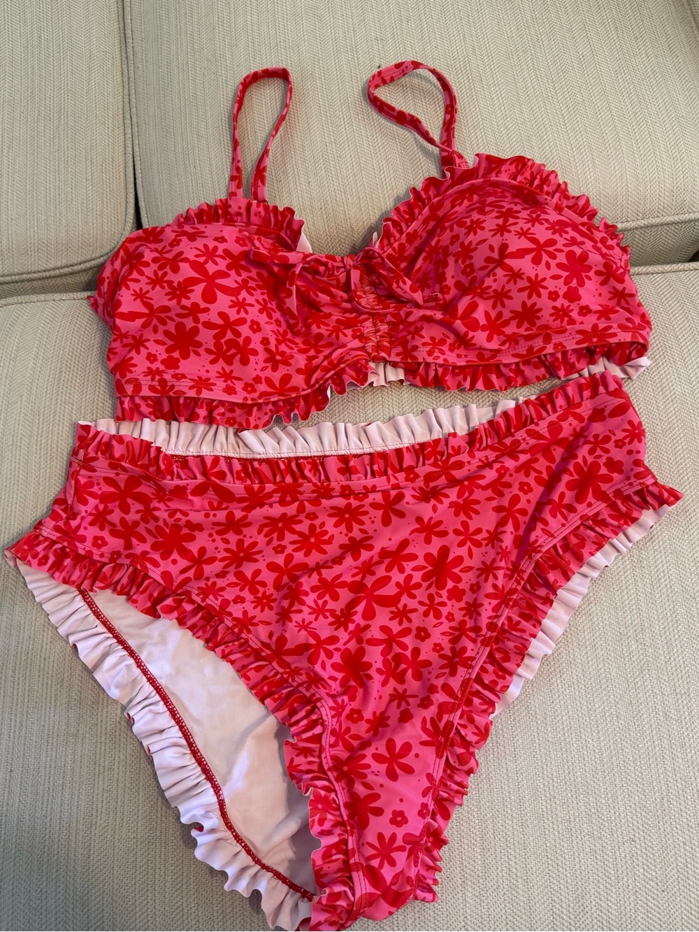 SHEIN Pink and Red Floral Ruffle Bikini Set
